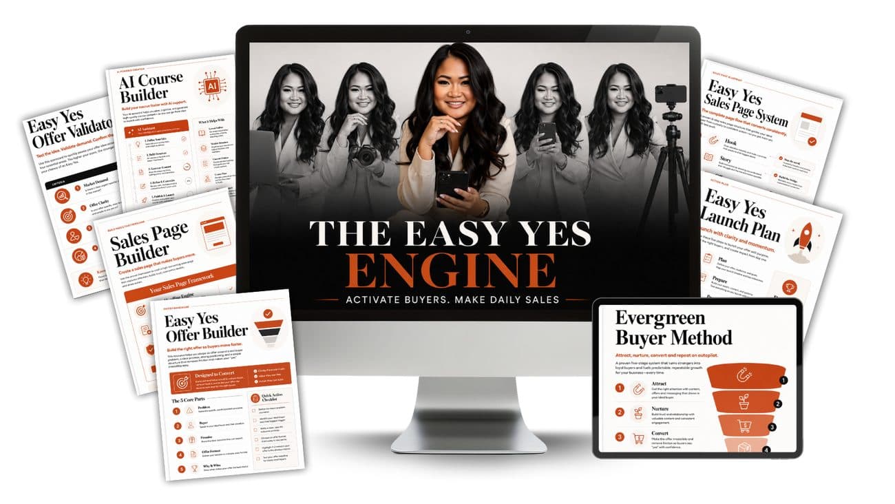 The Easy Yes Engine — course workbooks, sales page templates, and the Evergreen Buyer Method shown across desktop and tablet screens